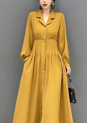 Women Yellow Notched Elastic Waist Wrinkled Spandex Long Dress Spring