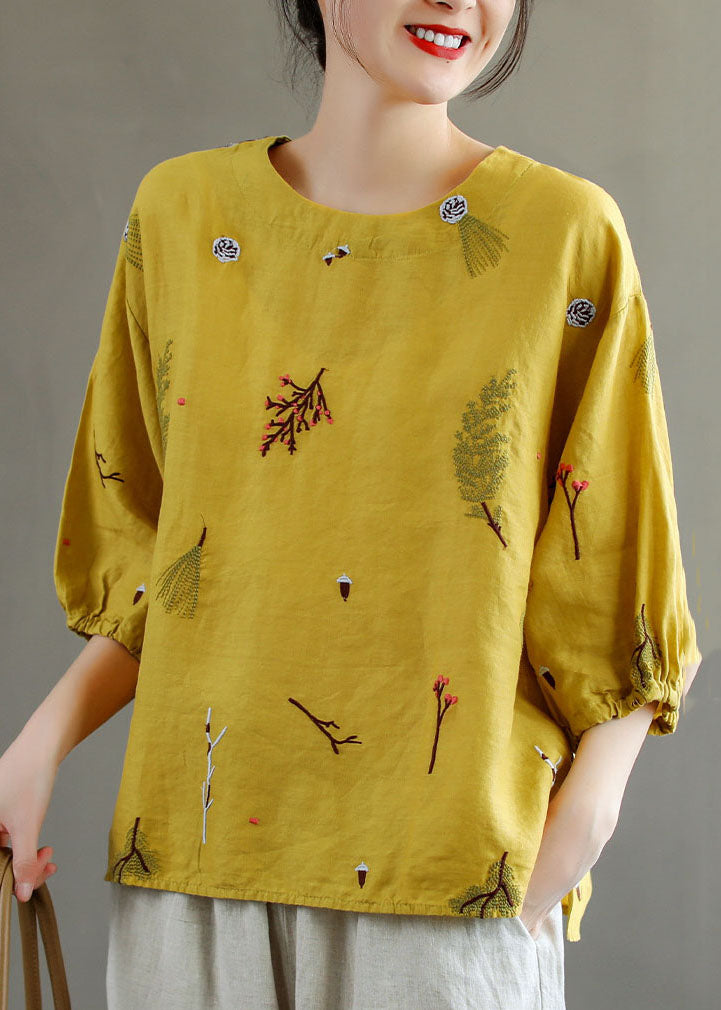 Women Yellow O-Neck Embroideried Patchwork Linen T Shirts Summer