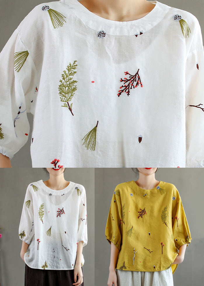 Women Yellow O-Neck Embroideried Patchwork Linen T Shirts Summer