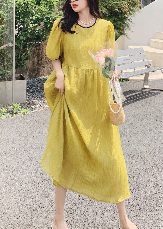 Women Yellow O Neck Patchwork Cotton Dress Summer