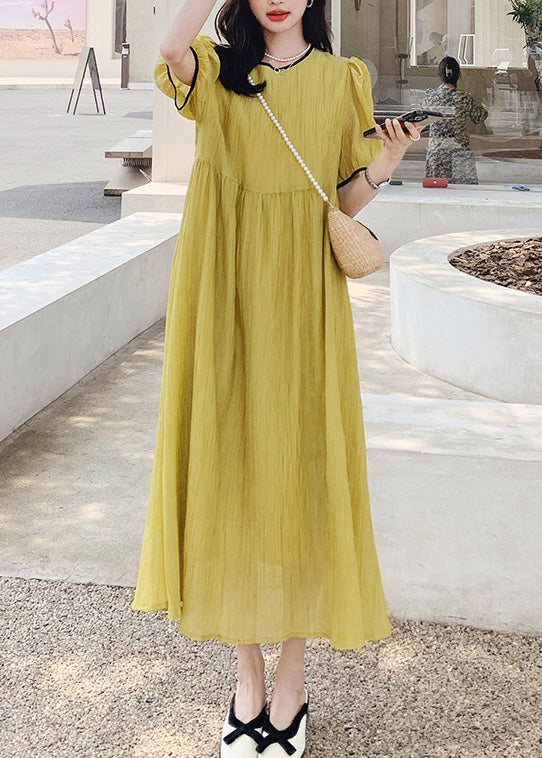 Women Yellow O Neck Patchwork Cotton Dress Summer