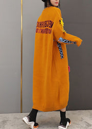 Women Yellow O-Neck Patchwork Knit long Dresses Long Sleeve