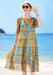 Women Yellow O-Neck Patchwork Print Silk Holiday Dress Short Sleeve