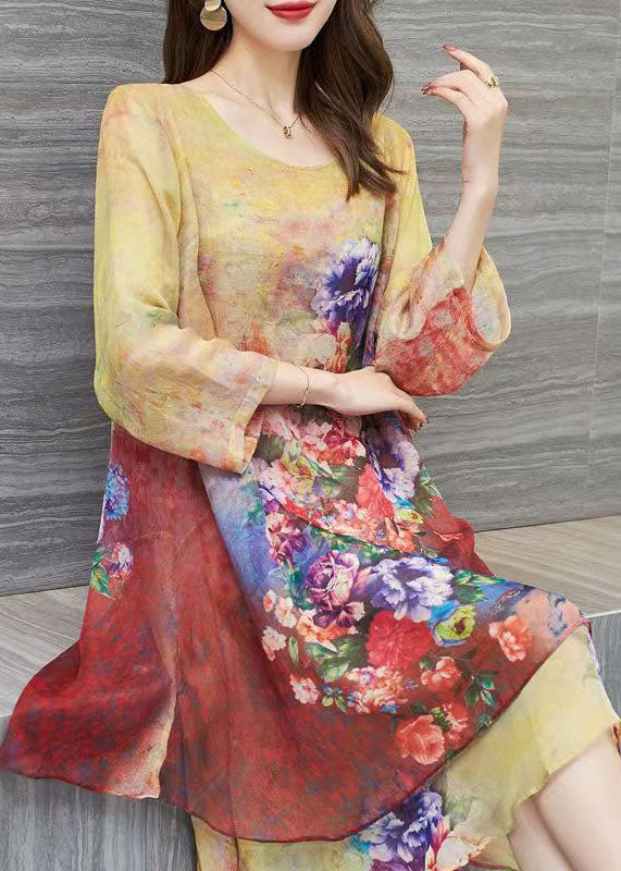 Women Yellow O Neck Print Patchwork Chiffon Dress Summer