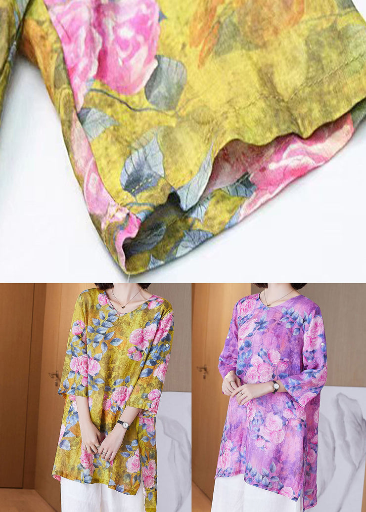 Women Yellow O Neck Print Side Open Patchwork Linen Shirt Tops Summer