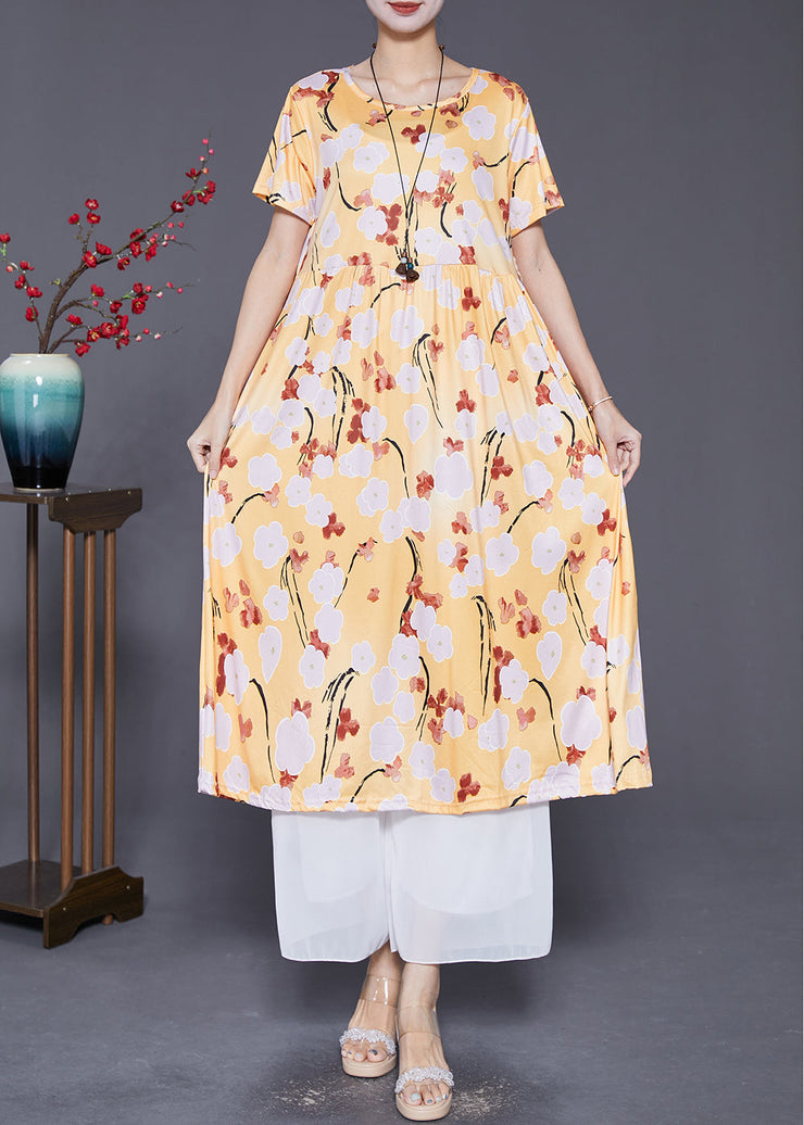 Women Yellow Oversized Print Cotton Robe Dresses Summer