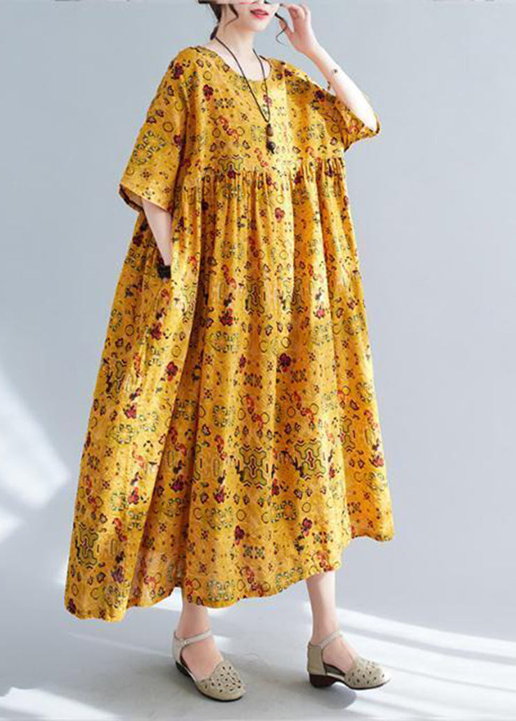 Women Yellow Oversized Print Linen Long Dress Summer