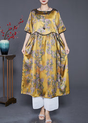 Women Yellow Oversized Print Silk Long Dresses Summer