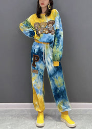 Women Yellow Oversized Tie Dye Bear Applique Cotton Two-Piece Set Fall