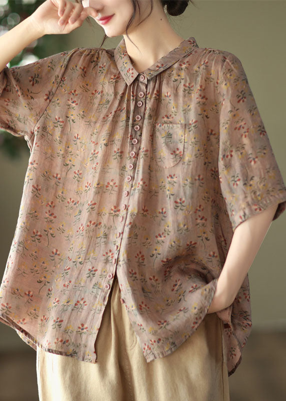 Women Yellow Peter Pan Collar Print Linen Shirt Tops Summer