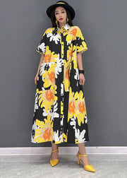 Women Yellow Peter Pan Collar Print Pockets Chiffon Maxi Dress Short Sleeve