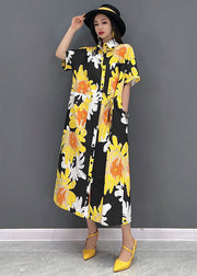 Women Yellow Peter Pan Collar Print Pockets Chiffon Maxi Dress Short Sleeve