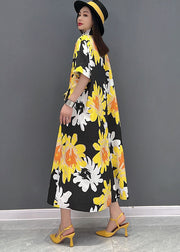 Women Yellow Peter Pan Collar Print Pockets Chiffon Maxi Dress Short Sleeve