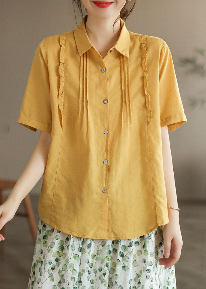 Women Yellow Peter Pan Collar Ruffled Patchwork Cotton Blouses Summer