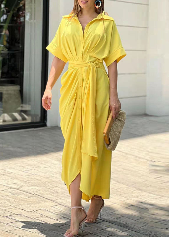 Women Yellow Peter Pan Collar Tie Waist Cotton Shirts Dress Summer