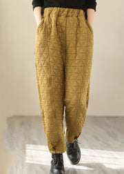 Women Yellow Pockets Plaid Patchwork Fleece Pants Winter