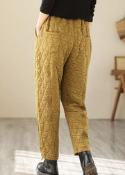 Women Yellow Pockets Plaid Patchwork Fleece Pants Winter