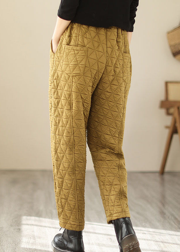 Women Yellow Pockets Plaid Patchwork Fleece Pants Winter