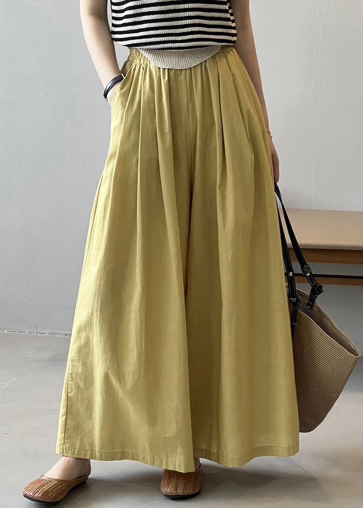 Women Yellow Pockets Solid Cotton Wide Leg Pants Summer