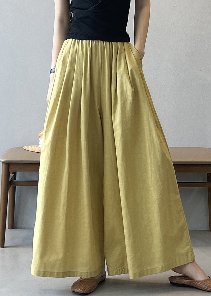 Women Yellow Pockets Solid Cotton Wide Leg Pants Summer