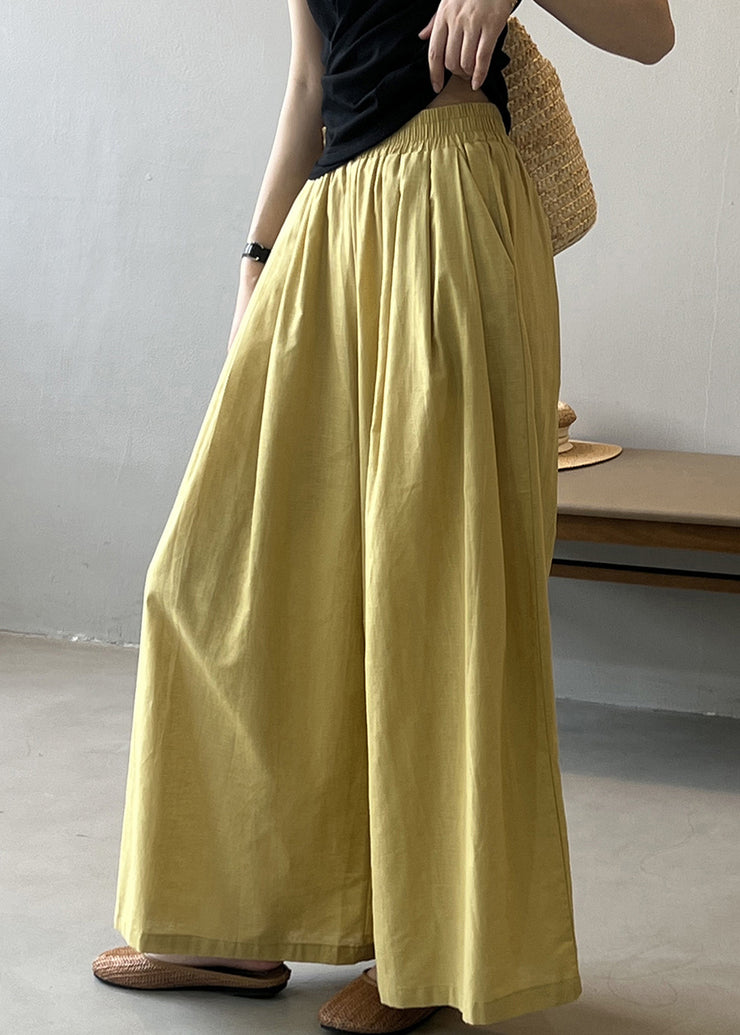 Women Yellow Pockets Solid Cotton Wide Leg Pants Summer