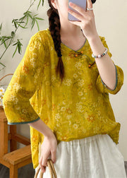 Women Yellow Print Chinese Button Linen Tops Fall