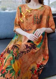 Women Yellow Print Chinese Button Patchwork Silk Dress Summer