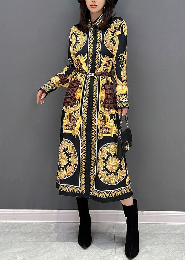 Women Yellow Print Peter Pan Collar Cotton Shirt Dresses Fall