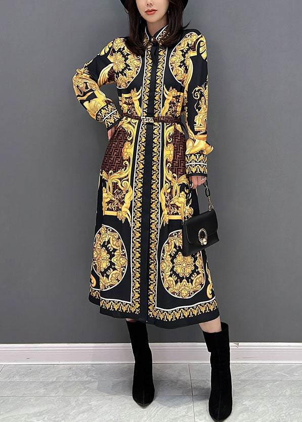 Women Yellow Print Peter Pan Collar Cotton Shirt Dresses Fall