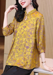 Women Yellow Ruffled Jacquard Silk Blouses Bracelet Sleeve