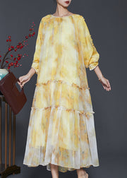 Women Yellow Ruffled Tie Dye Chiffon Maxi Dress Spring