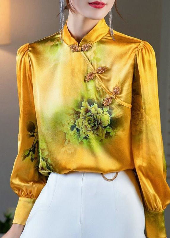 Women Yellow Stand Collar Oriental Button Print Patchwork Silk Tops Spring