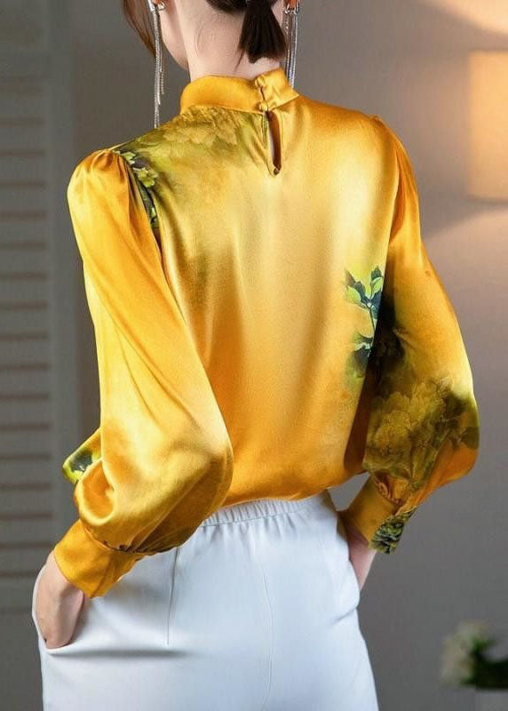 Women Yellow Stand Collar Oriental Button Print Patchwork Silk Tops Spring