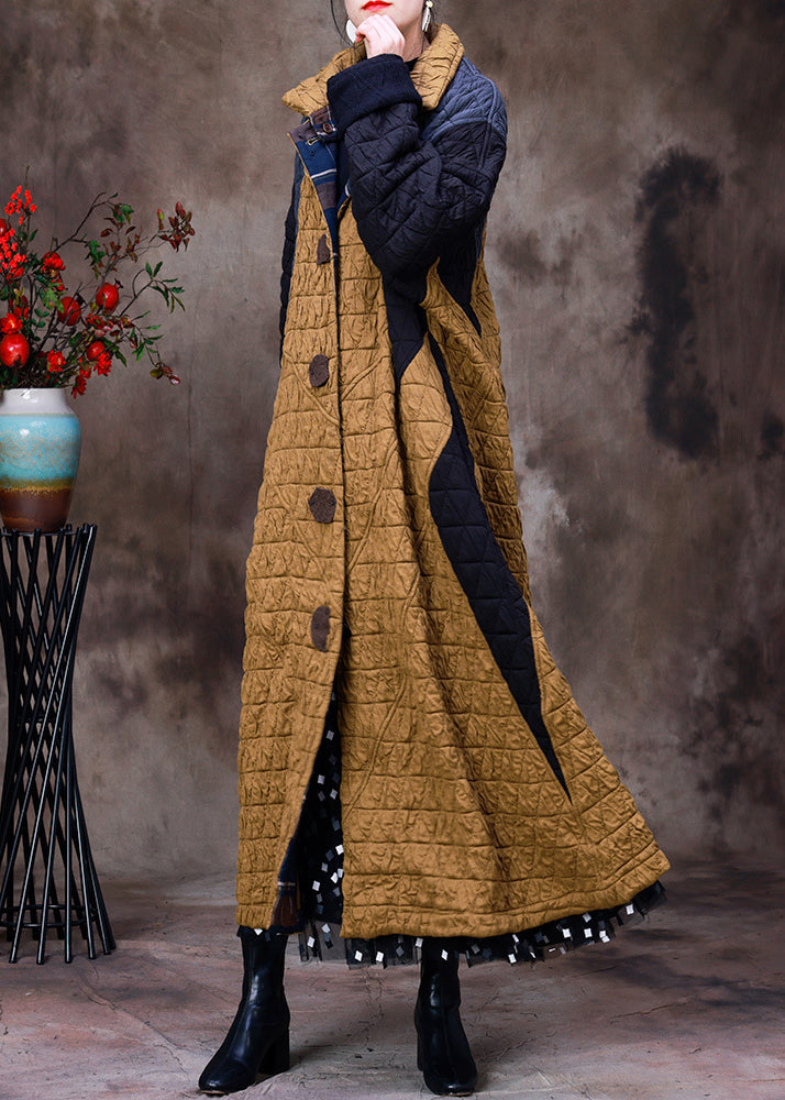 Women Yellow Stand Collar Patchwork Button Removable Cotton Maxi Coats Long Sleeve