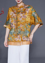 Women Yellow Stand Collar Patchwork Tassel Silk Blouses Half Sleeve