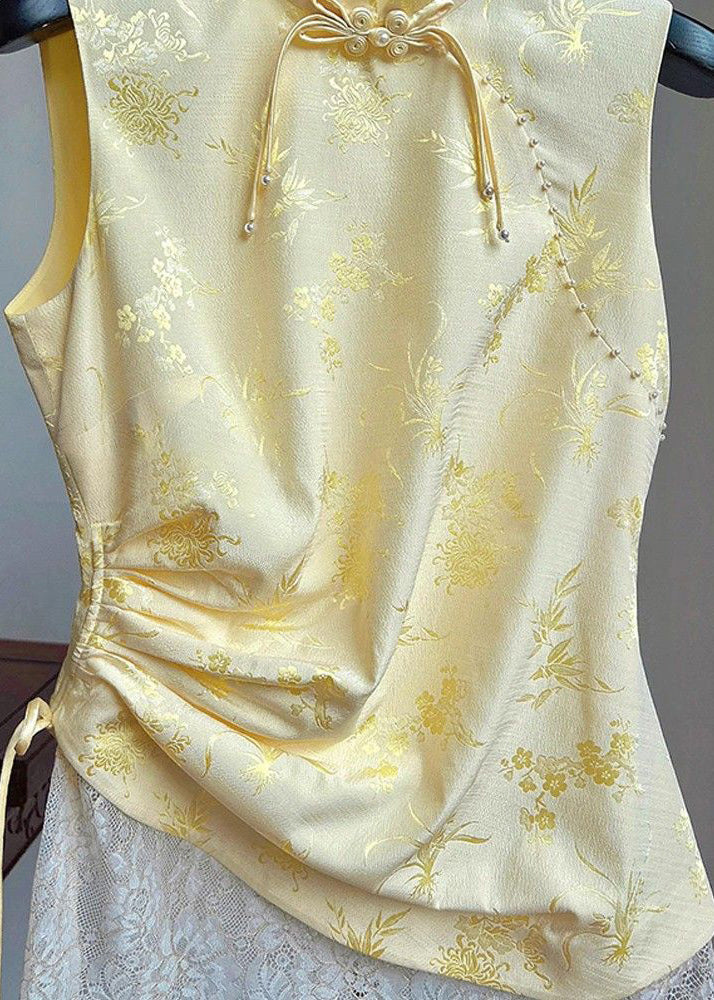 Women Yellow Stand Collar Print Drawstring Silk Waistcoat Sleeveless