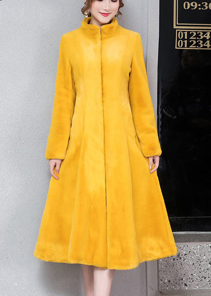 Women Yellow Stand Collar Silm Fit Faux Fur Trench Winter