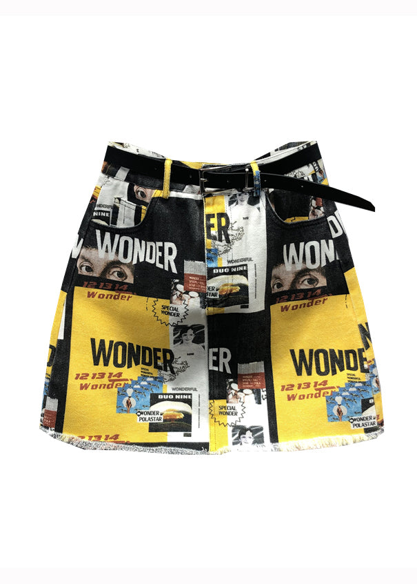 Women Yellow Street Graphic Pockets Patchwork Denim Skirt Summer