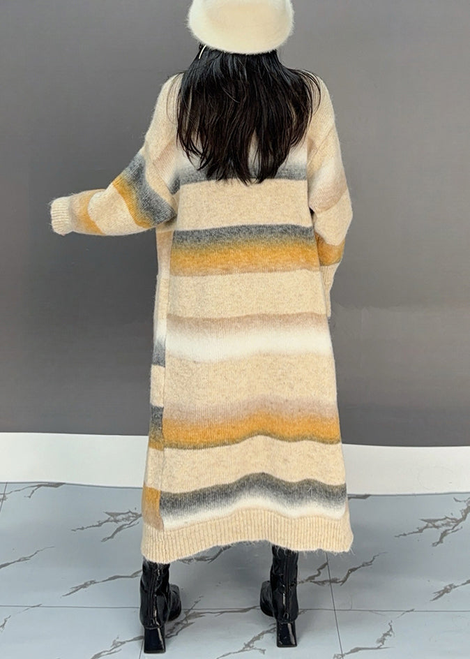 Women Yellow Striped Pockets Knit Long Cardigan Winter