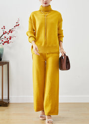 Women Yellow Turtle Neck Warm Knit Two Pieces Set Fall