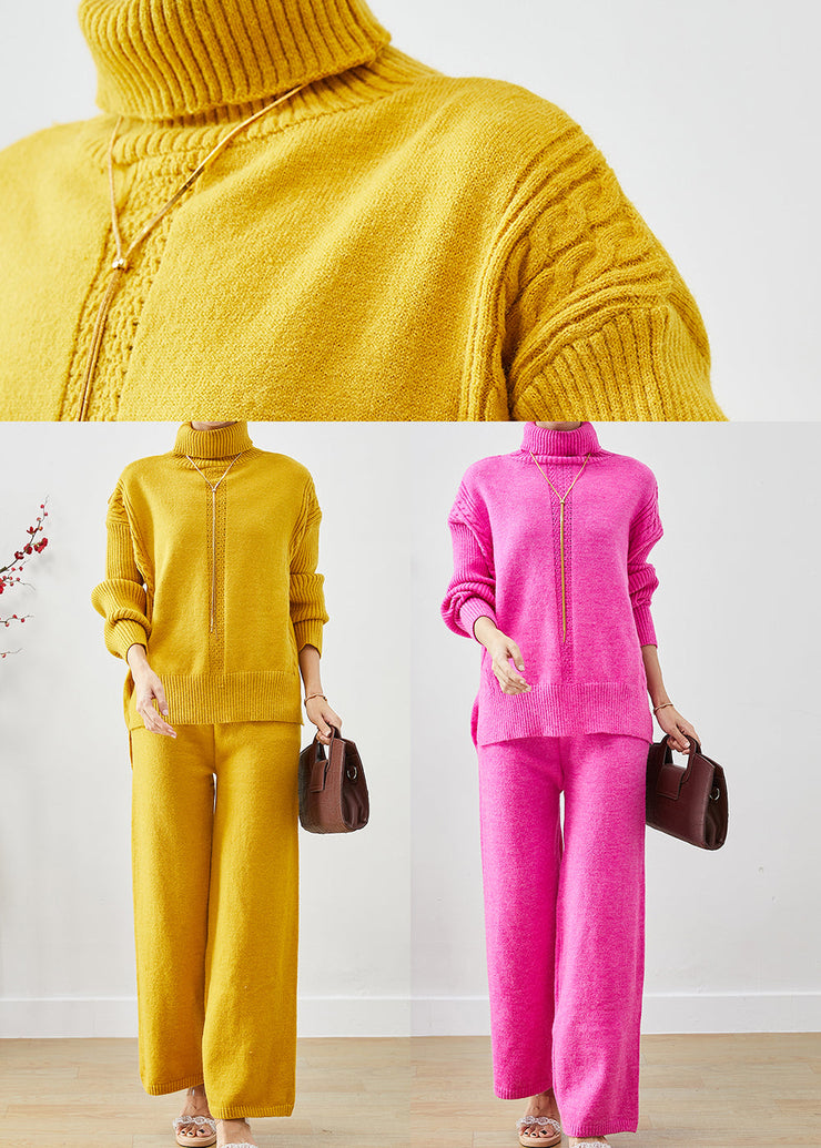 Women Yellow Turtle Neck Warm Knit Two Pieces Set Fall