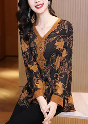 Women Yellow V Neck Print Patchwork Silk Shirt Top Fall