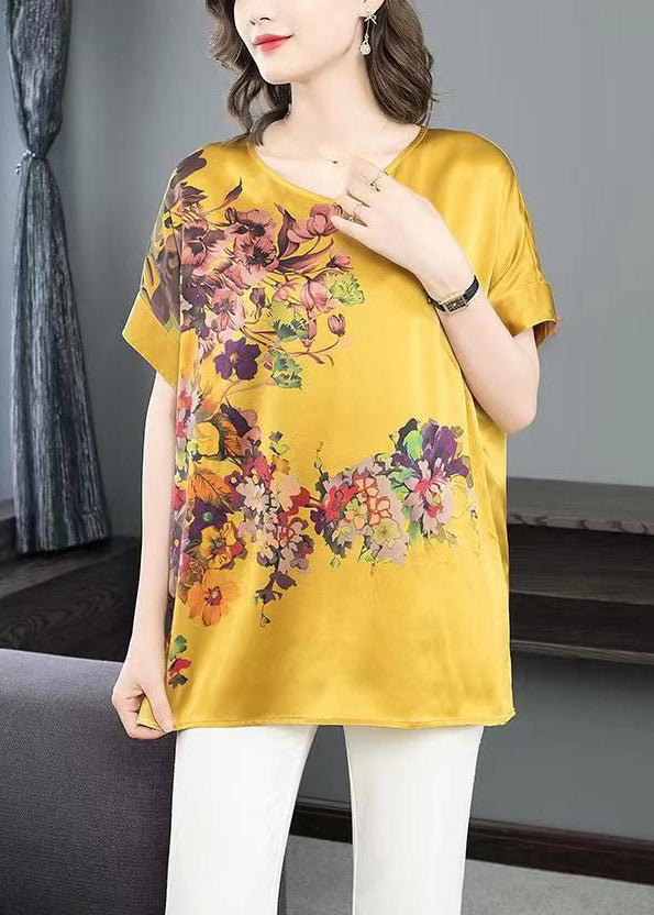 Women Yellow V Neck Print Patchwork Silk T Shirt Top Summer