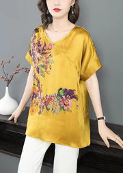 Women Yellow V Neck Print Patchwork Silk T Shirt Top Summer