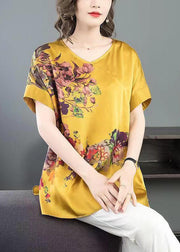 Women Yellow V Neck Print Patchwork Silk T Shirt Top Summer