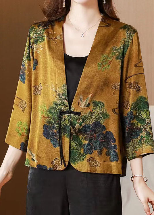 Women Yellow V Neck Tasseled Button Print Silk Cardigans Coats Spring