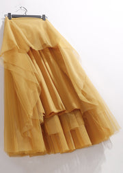 Women Yellow Wrinkled Elastic Waist Tulle Skirt Summer