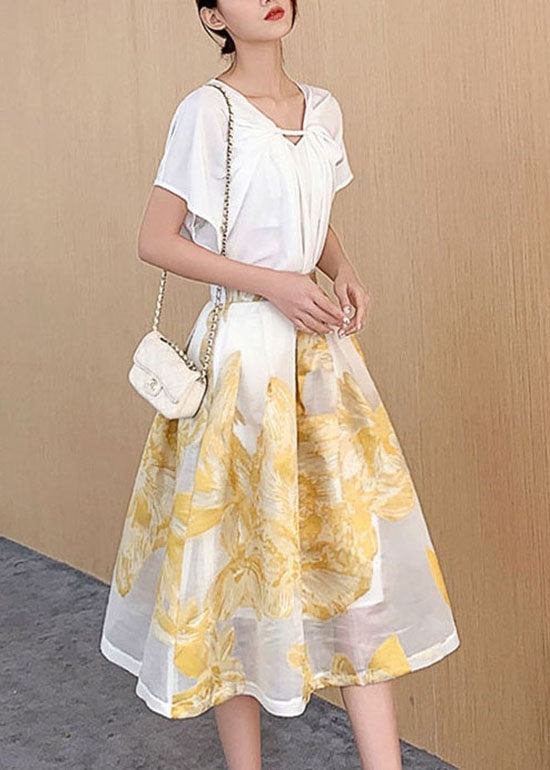 Women Yellow Wrinkled Patchwork Embroideried Tulle Skirt Summer