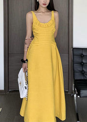 Women Yellow Wrinkled Solid Cotton Spaghetti Strap Dress Sleeveless