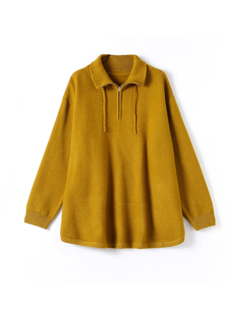 Women Yellow Zip Up Patchwork Knit Sweatshirt Top Fall